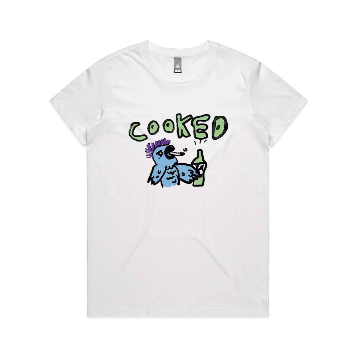 White fitted womens t-shirt with Cooked Cockatoo graphic by Lonely Kids Club