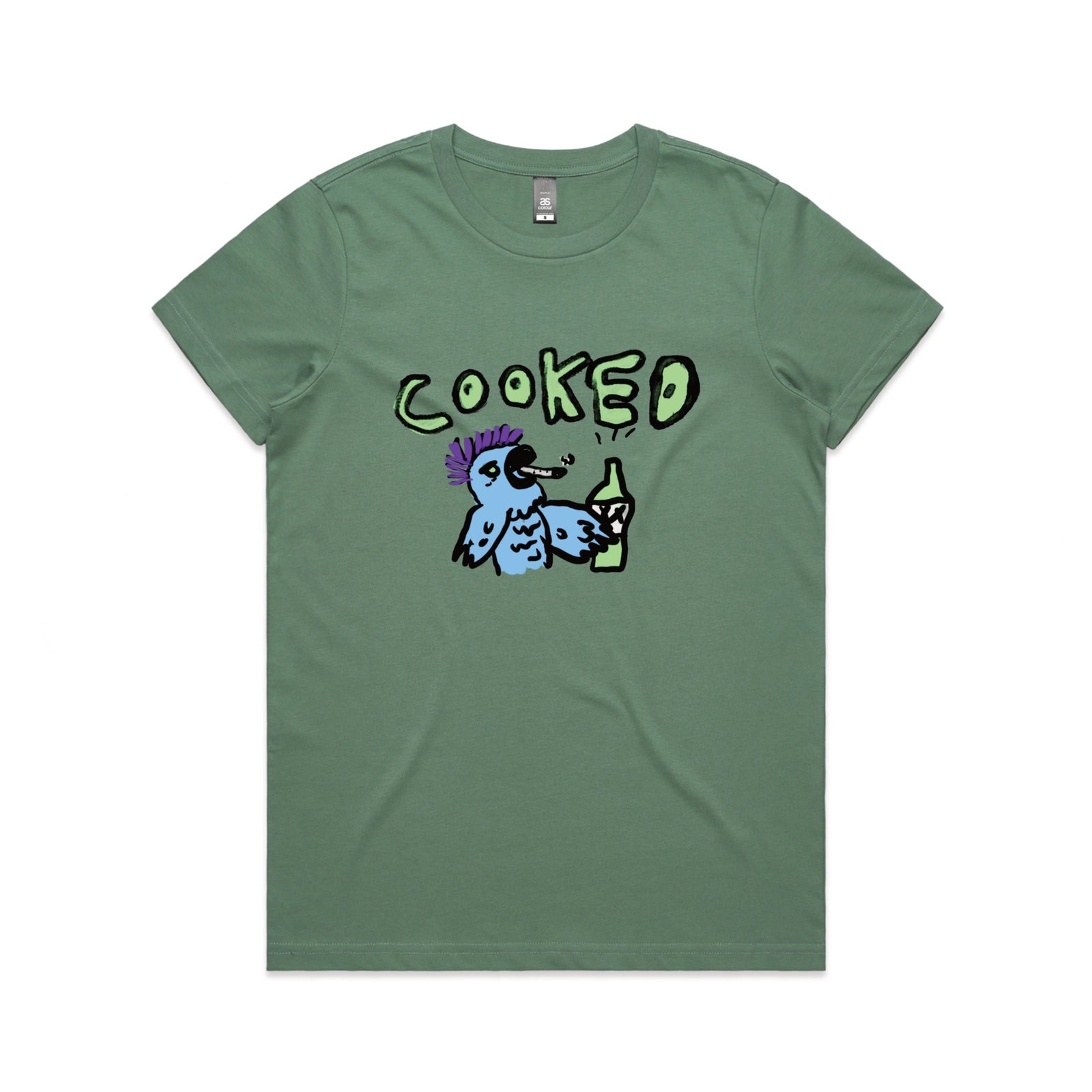 Sage fitted womens t-shirt with Cooked Cockatoo graphic by Lonely Kids Club