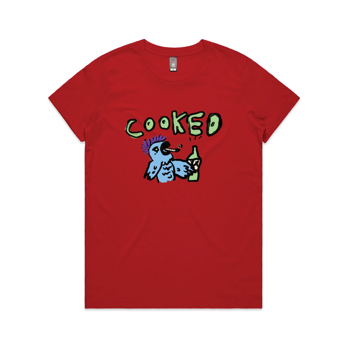 Red fitted womens t-shirt with Cooked Cockatoo graphic by Lonely Kids Club