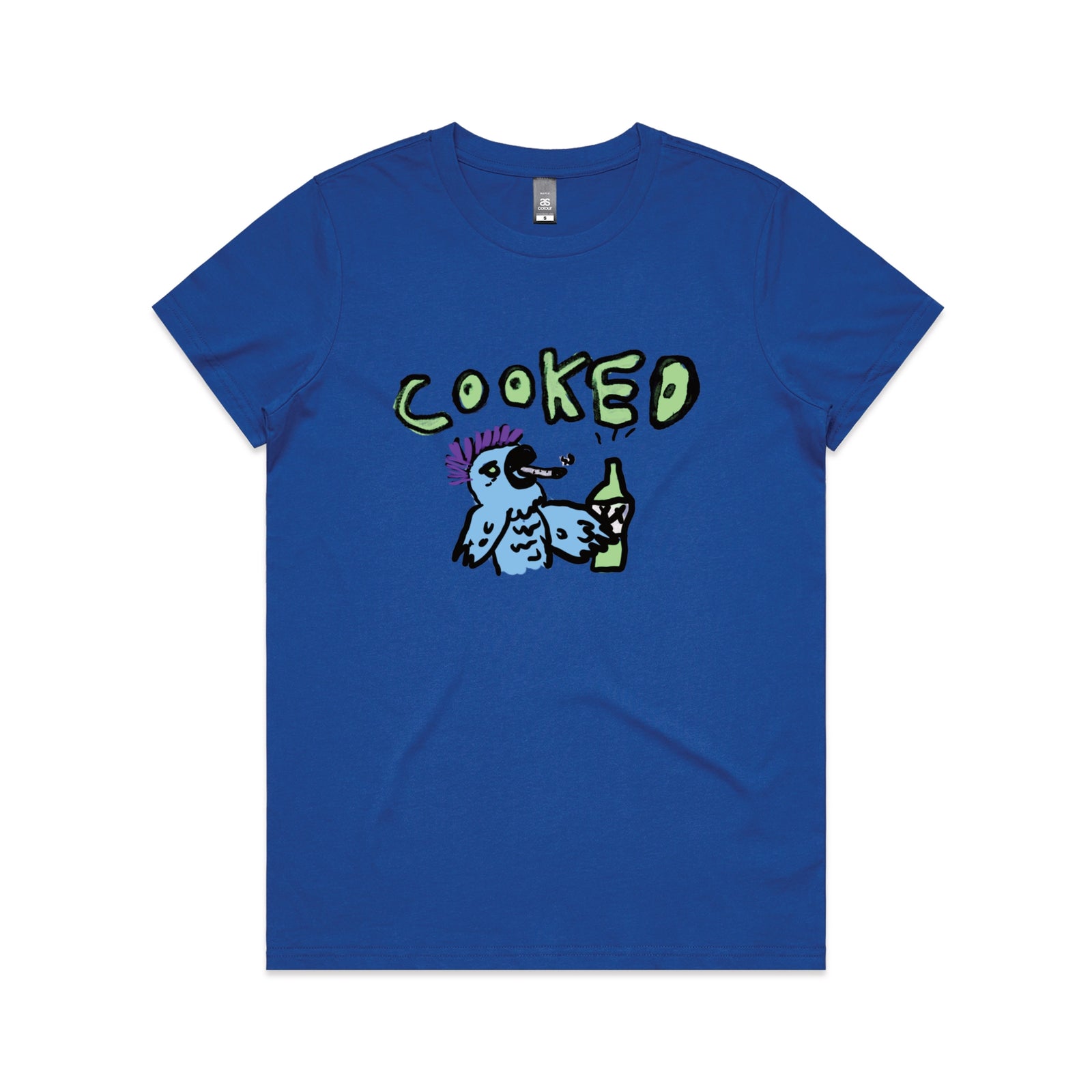 Royal Blue fitted womens t-shirt with Cooked Cockatoo graphic by Lonely Kids Club