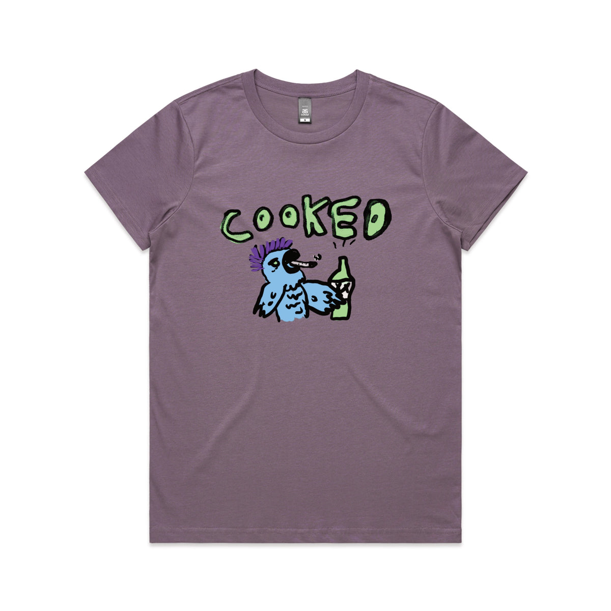 Mauve fitted womens t-shirt with Cooked Cockatoo graphic by Lonely Kids Club