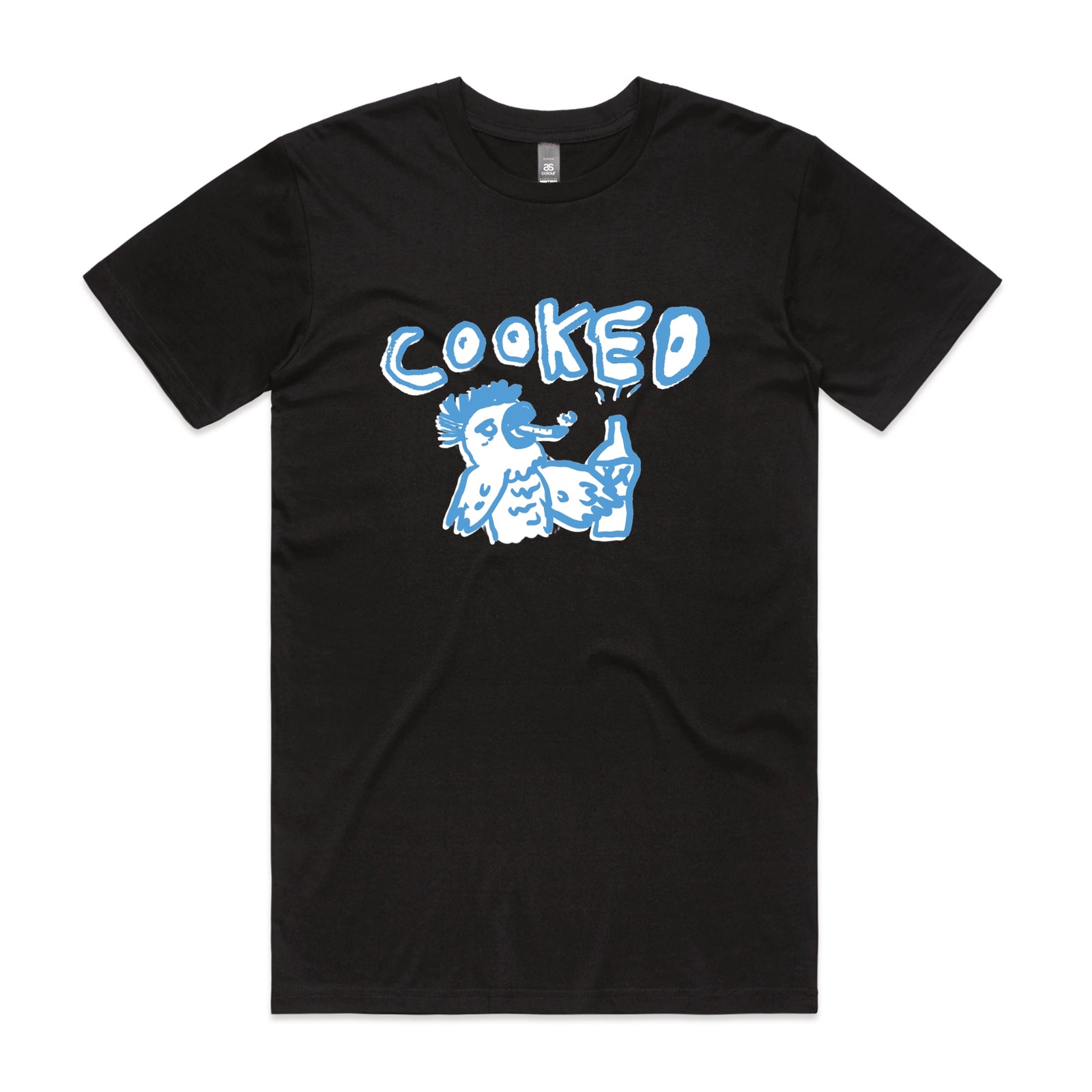 Black unisex t-shirt with Cooked Cockatoo graphic by Lonely Kids Club