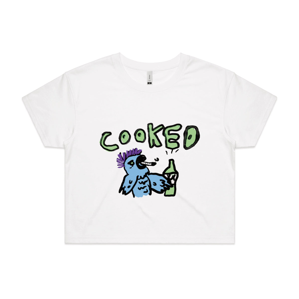 White crop top with Cooked Cockatoo graphic by Lonely Kids Club