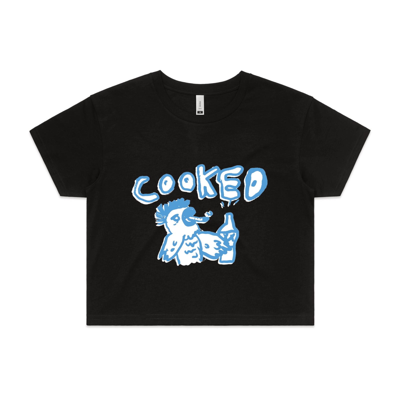 Black crop top with Cooked Cockatoo graphic by Lonely Kids Club