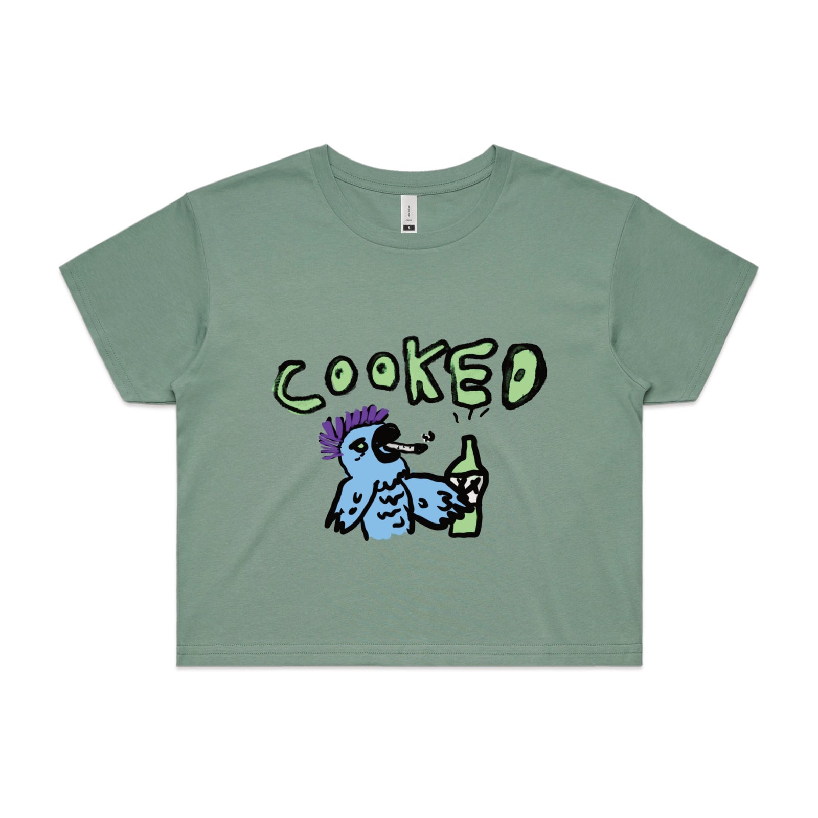 Sage crop top with Cooked Cockatoo graphic by Lonely Kids Club