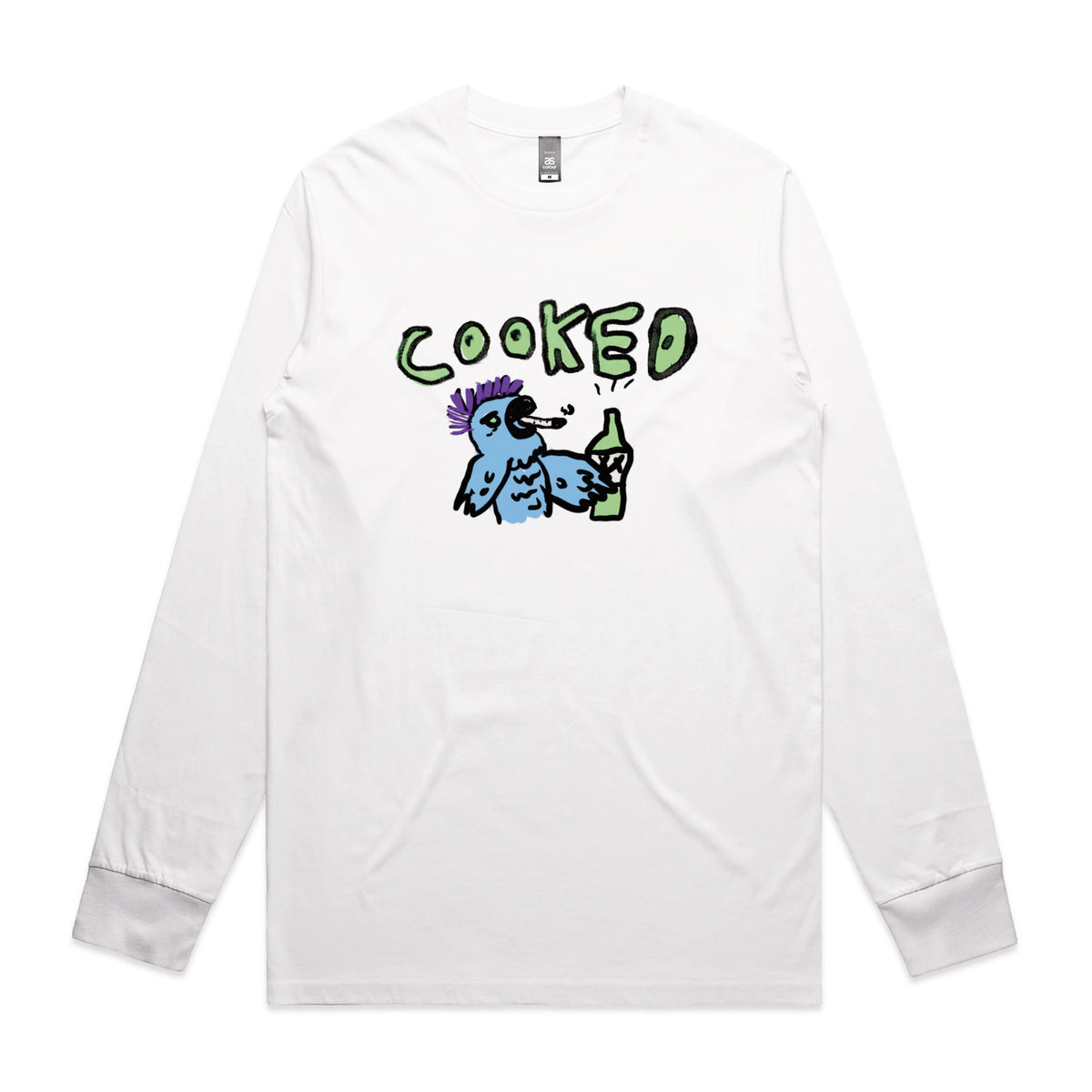 White long sleeve t-shirt with Cooked Cockatoo graphic by Lonely Kids Club