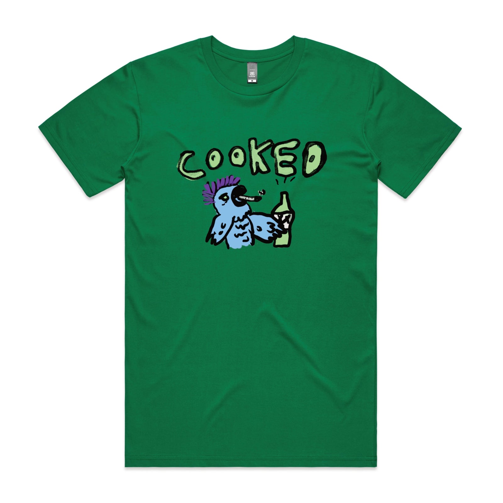Green unisex t-shirt with Cooked Cockatoo graphic by Lonely Kids Club