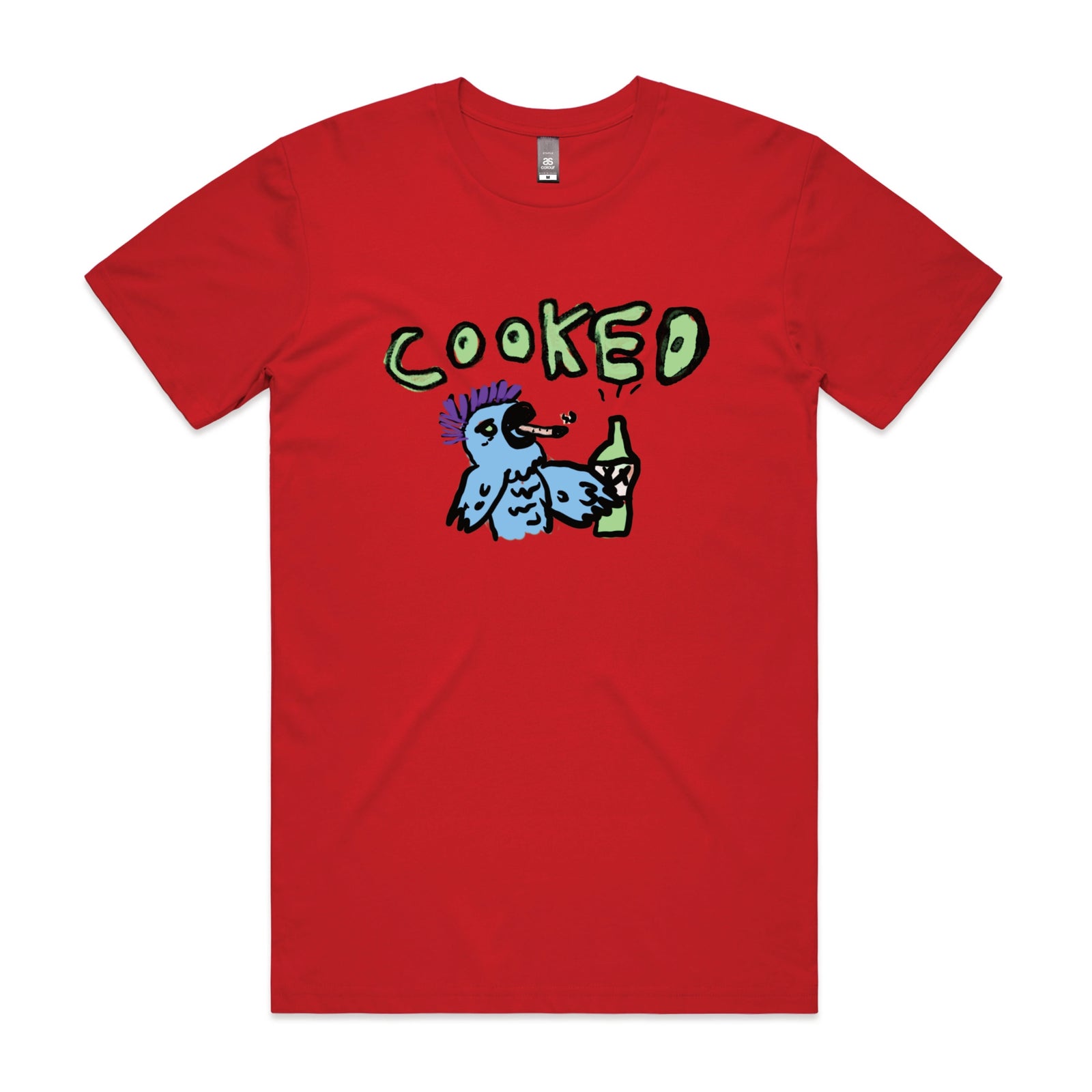Red unisex t-shirt with Cooked Cockatoo graphic by Lonely Kids Club