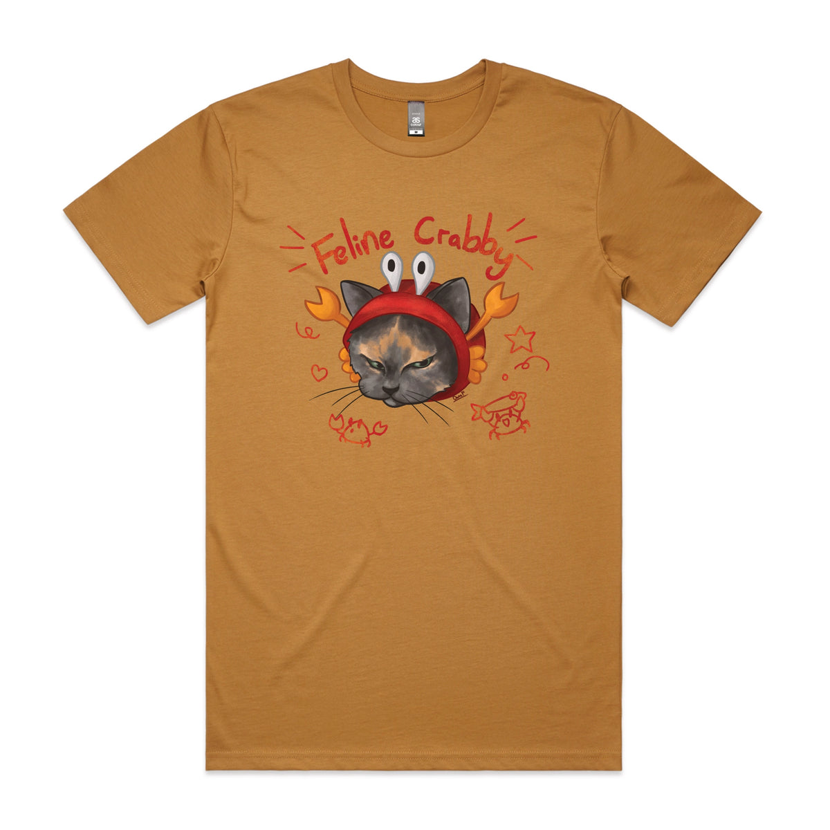 Camel unisex t-shirt with Feline Crabby graphic by Lonely Kids Club