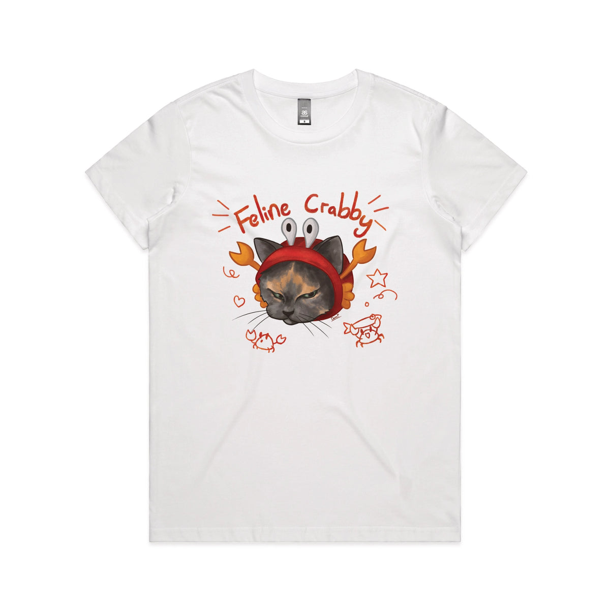 White fitted womens t-shirt with Feline Crabby graphic by Lonely Kids Club