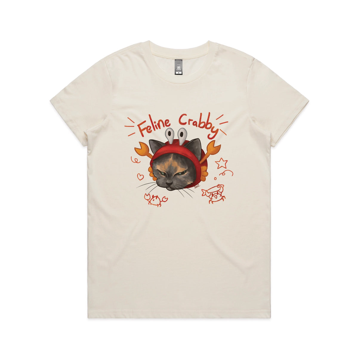 Ecru fitted womens t-shirt with Feline Crabby graphic by Lonely Kids Club