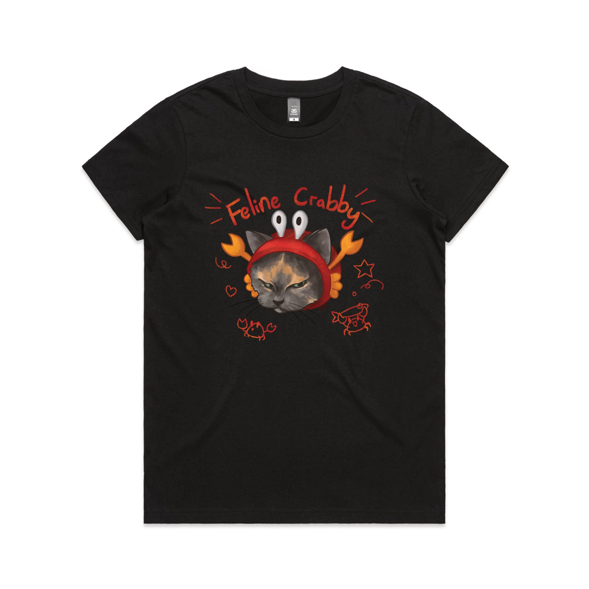 Black fitted womens t-shirt with Feline Crabby graphic by Lonely Kids Club