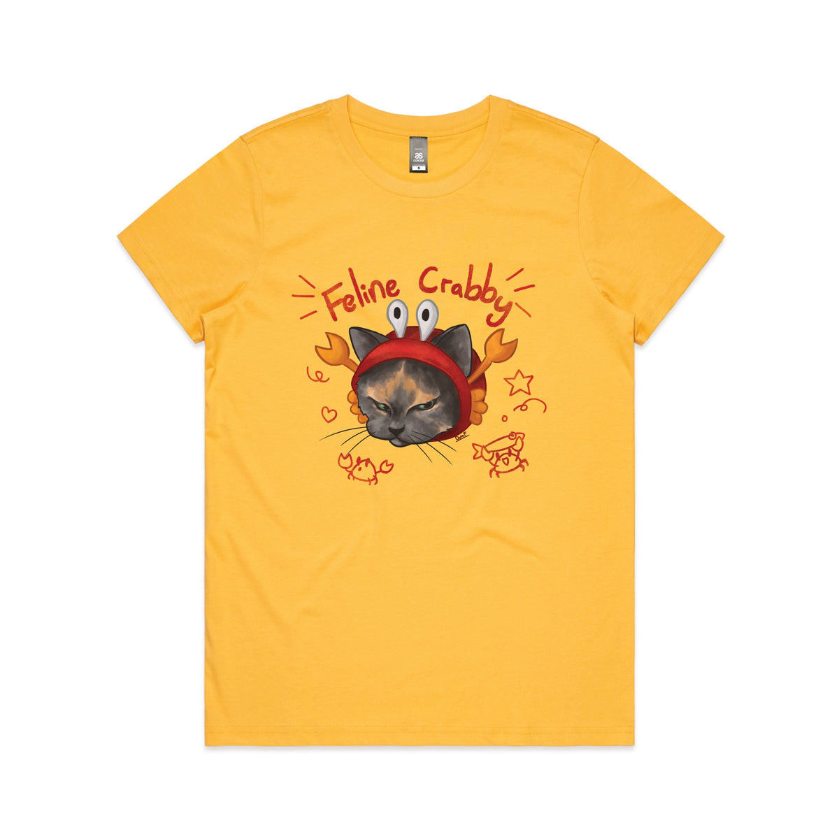 Yellow fitted womens t-shirt with Feline Crabby graphic by Lonely Kids Club