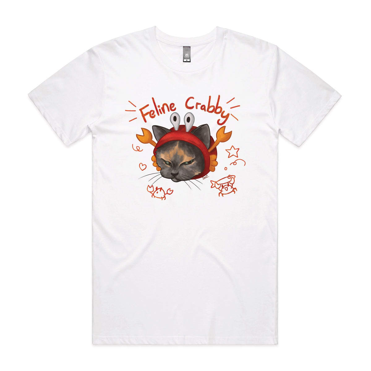 White unisex t-shirt with Feline Crabby graphic by Lonely Kids Club