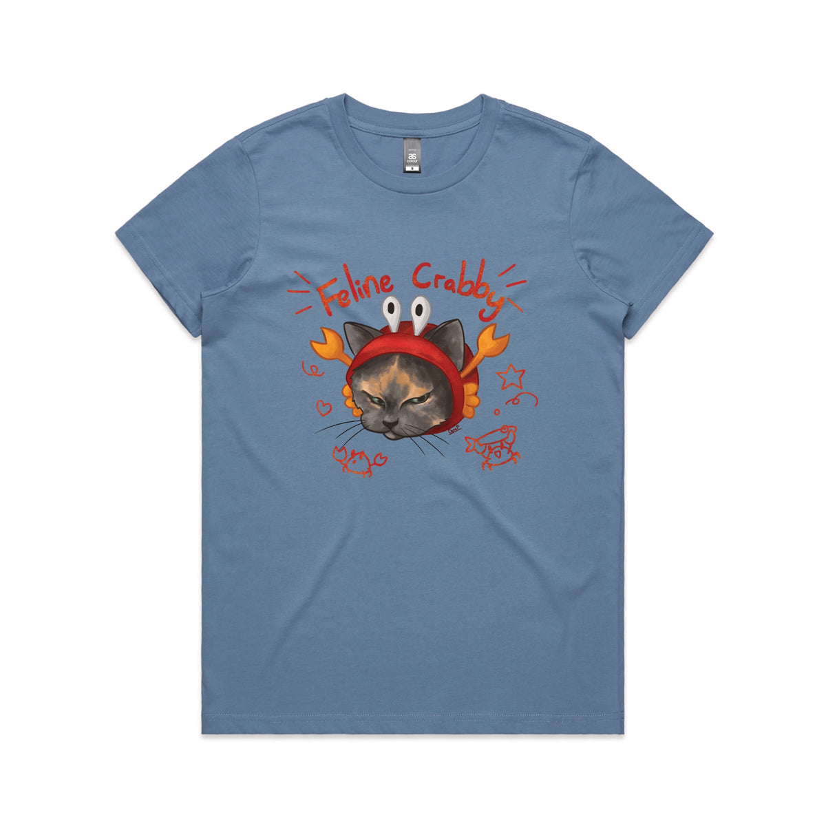 Carolina Blue fitted womens t-shirt with Feline Crabby graphic by Lonely Kids Club