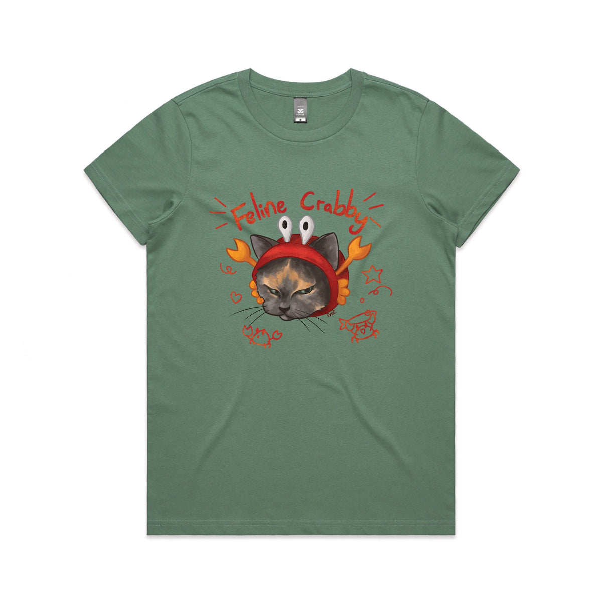 Sage fitted womens t-shirt with Feline Crabby graphic by Lonely Kids Club