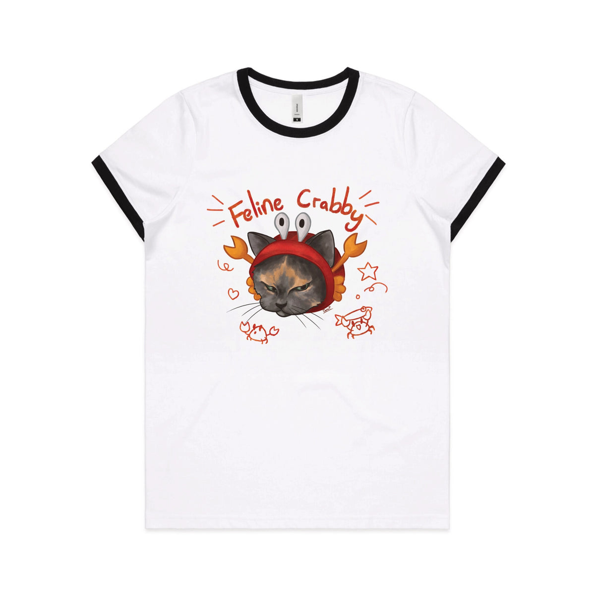 Black/White Ringer fitted womens t-shirt with Feline Crabby graphic by Lonely Kids Club