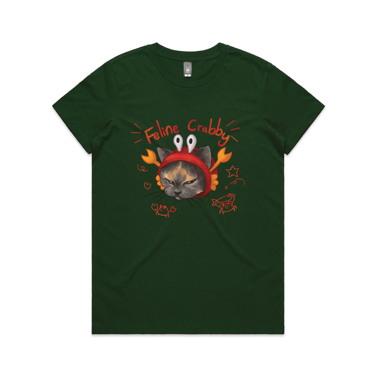 Forest Green fitted womens t-shirt with Feline Crabby graphic by Lonely Kids Club