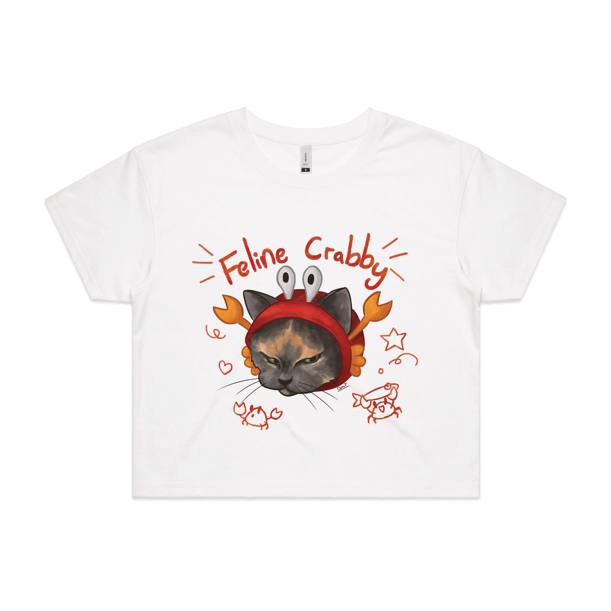 White crop top with Feline Crabby graphic by Lonely Kids Club