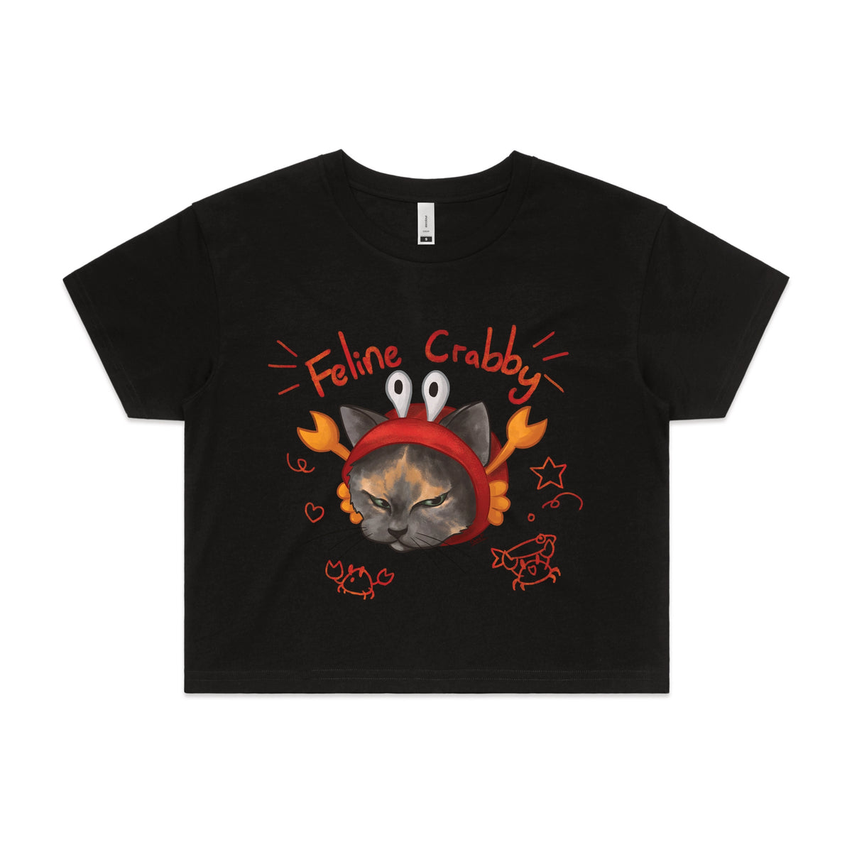Black crop top with Feline Crabby graphic by Lonely Kids Club