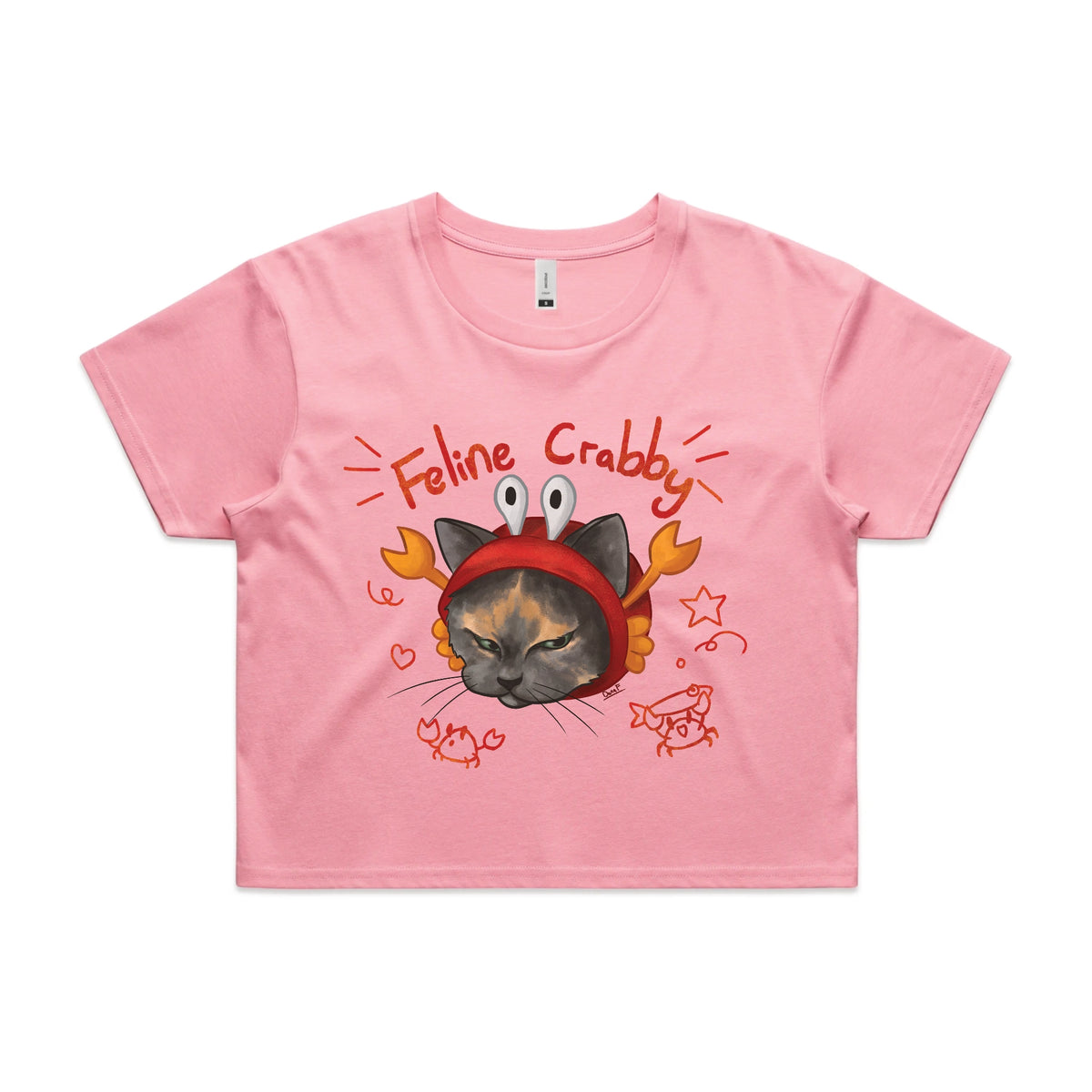 Bubblegum crop top with Feline Crabby graphic by Lonely Kids Club
