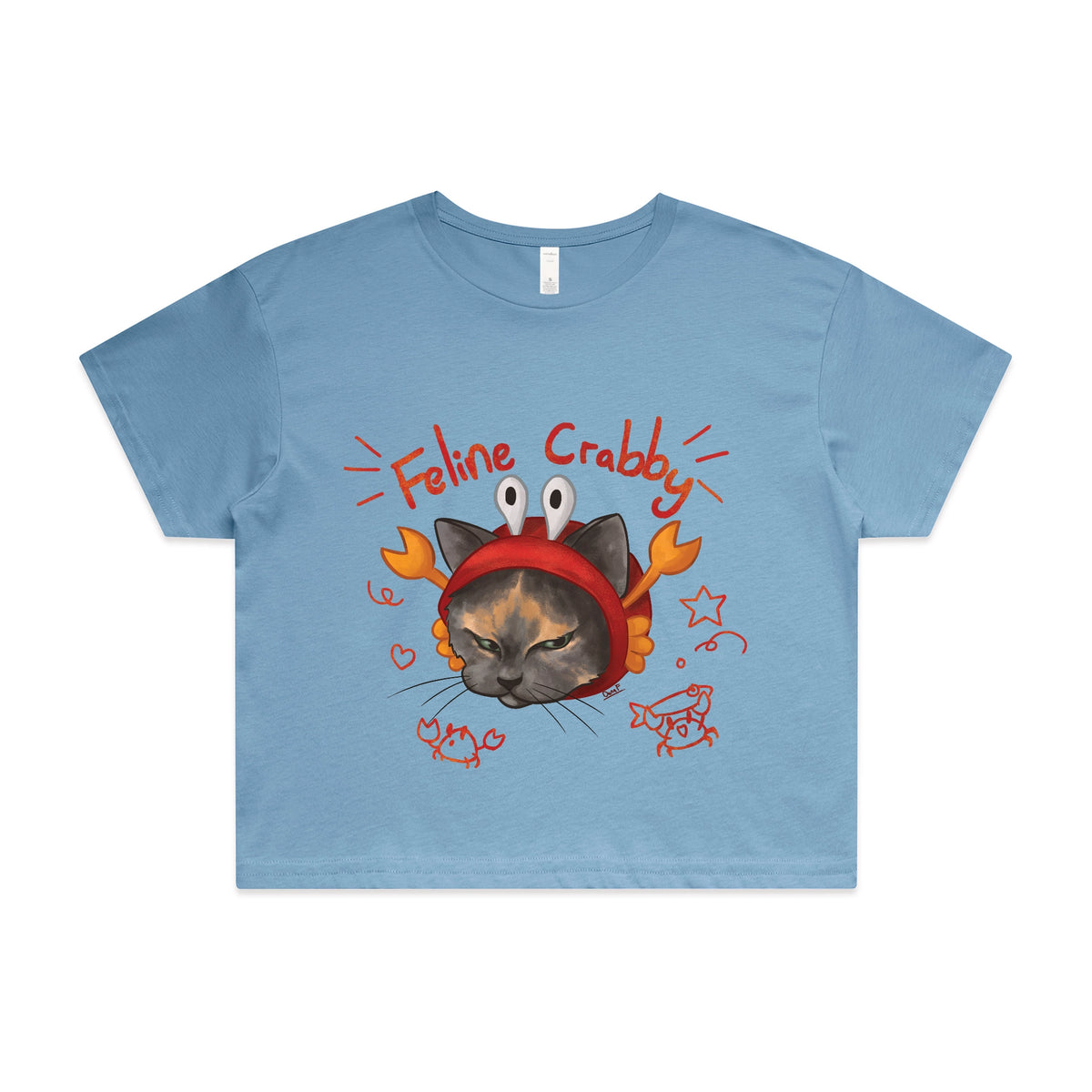 Carolina Blue crop top with Feline Crabby graphic by Lonely Kids Club