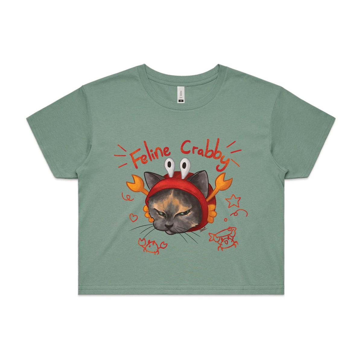 Sage crop top with Feline Crabby graphic by Lonely Kids Club