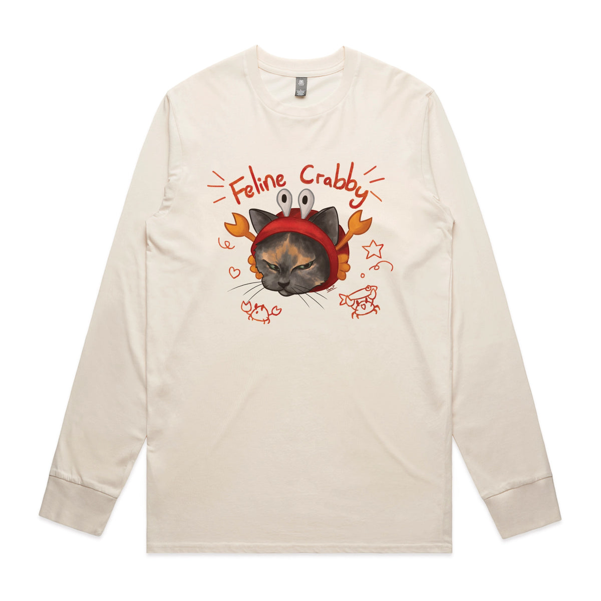 Ecru long sleeve t-shirt with Feline Crabby graphic by Lonely Kids Club