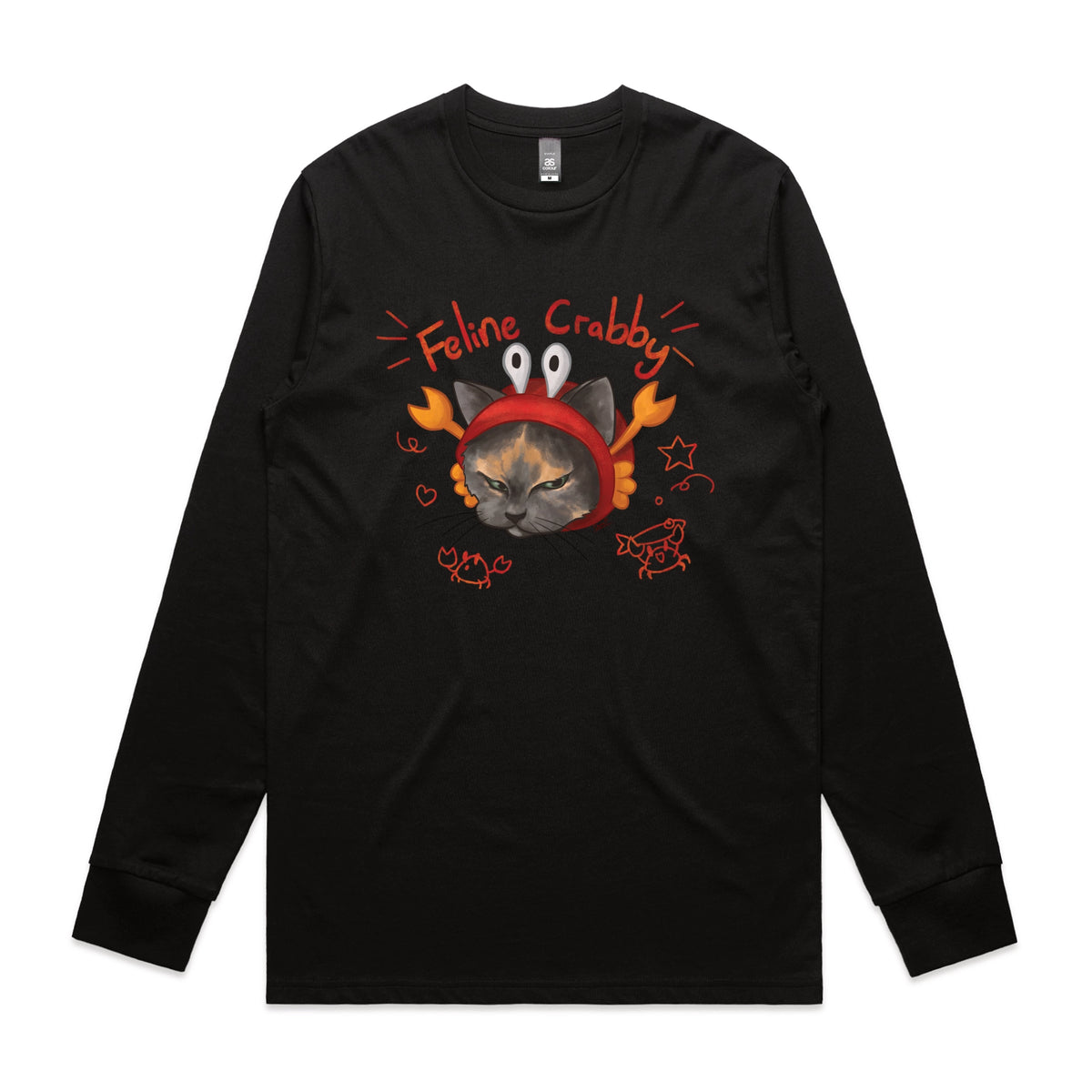 Black long sleeve t-shirt with Feline Crabby graphic by Lonely Kids Club