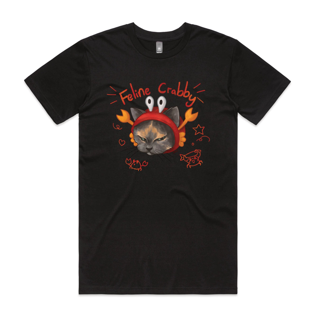 Black unisex t-shirt with Feline Crabby graphic by Lonely Kids Club