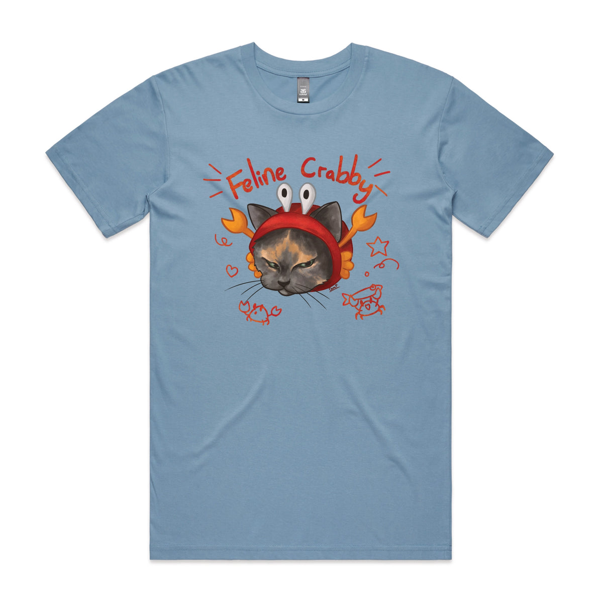Carolina Blue unisex t-shirt with Feline Crabby graphic by Lonely Kids Club