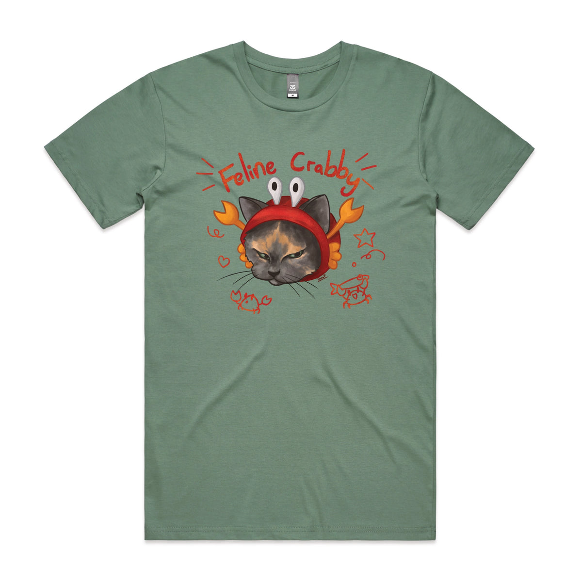 Sage unisex t-shirt with Feline Crabby graphic by Lonely Kids Club
