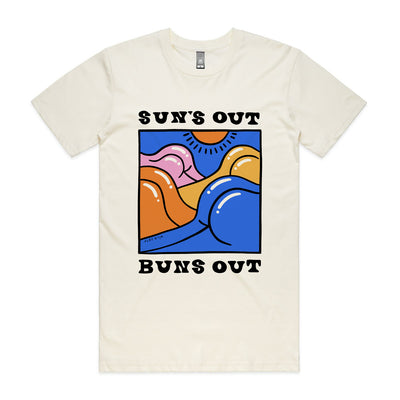 Suns Out Buns Out Tee by Lonely Kids Club. All clothing from our T-shirts to our shorts and hoodies are ethically made, and printed packed and shipped from Sydney.