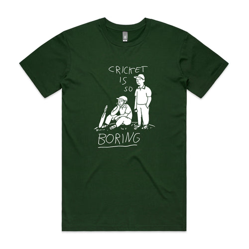 Cricket Is So Boring Tee by Lonely Kids Club. All clothing from our T-shirts to our shorts and hoodies are ethically made, and printed packed and shipped from Sydney.