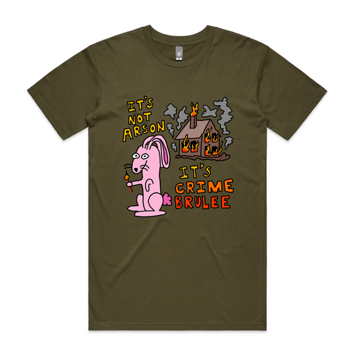 Crime Brulee Tee by Lonely Kids Club. All clothing from our T-shirts to our shorts and hoodies are ethically made, and printed packed and shipped from Sydney.