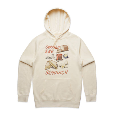Curried Egg Sandwich Hoodie by Lonely Kids Club. All clothing from our T-shirts to our shorts and hoodies are ethically made, and printed packed and shipped from Sydney.