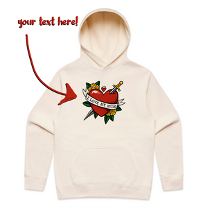 Custom Heart Tattoo Hoodie by Lonely Kids Club. All clothing from our T-shirts to our shorts and hoodies are ethically made, and printed packed and shipped from Sydney.