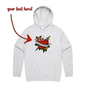 Custom Heart Tattoo Hoodie by Lonely Kids Club. All clothing from our T-shirts to our shorts and hoodies are ethically made, and printed packed and shipped from Sydney.