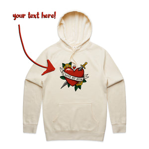 Custom Heart Tattoo Hoodie by Lonely Kids Club. All clothing from our T-shirts to our shorts and hoodies are ethically made, and printed packed and shipped from Sydney.