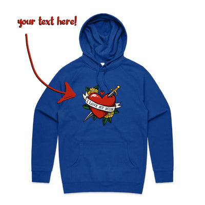 Custom Heart Tattoo Hoodie by Lonely Kids Club. All clothing from our T-shirts to our shorts and hoodies are ethically made, and printed packed and shipped from Sydney.