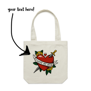 Custom Heart Tattoo Tote by Lonely Kids Club. All clothing from our T-shirts to our shorts and hoodies are ethically made, and printed packed and shipped from Sydney.