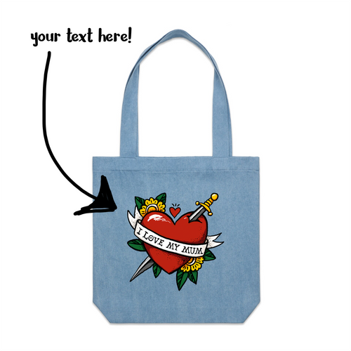 Custom Heart Tattoo Tote by Lonely Kids Club. All clothing from our T-shirts to our shorts and hoodies are ethically made, and printed packed and shipped from Sydney.
