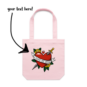 Custom Heart Tattoo Tote by Lonely Kids Club. All clothing from our T-shirts to our shorts and hoodies are ethically made, and printed packed and shipped from Sydney.