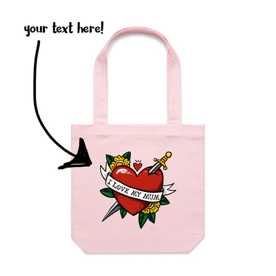 Custom Heart Tattoo Tote by Lonely Kids Club. All clothing from our T-shirts to our shorts and hoodies are ethically made, and printed packed and shipped from Sydney.