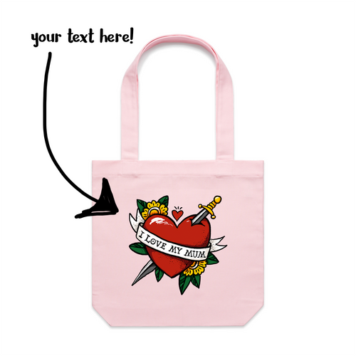 Custom Heart Tattoo Tote by Lonely Kids Club. All clothing from our T-shirts to our shorts and hoodies are ethically made, and printed packed and shipped from Sydney.