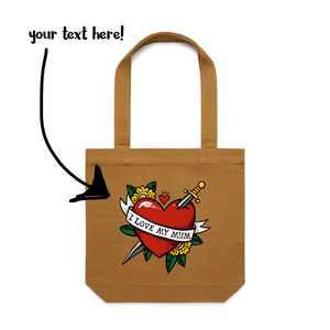 Custom Heart Tattoo Tote by Lonely Kids Club. All clothing from our T-shirts to our shorts and hoodies are ethically made, and printed packed and shipped from Sydney.