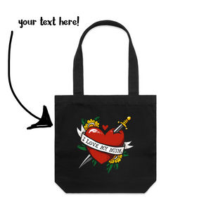Custom Heart Tattoo Tote by Lonely Kids Club. All clothing from our T-shirts to our shorts and hoodies are ethically made, and printed packed and shipped from Sydney.