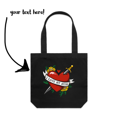Custom Heart Tattoo Tote by Lonely Kids Club. All clothing from our T-shirts to our shorts and hoodies are ethically made, and printed packed and shipped from Sydney.