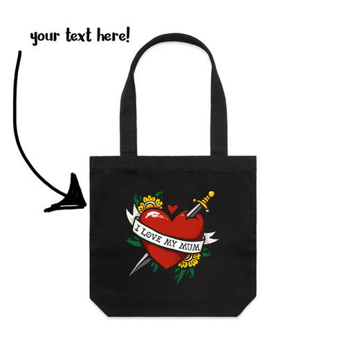 Custom Heart Tattoo Tote by Lonely Kids Club. All clothing from our T-shirts to our shorts and hoodies are ethically made, and printed packed and shipped from Sydney.