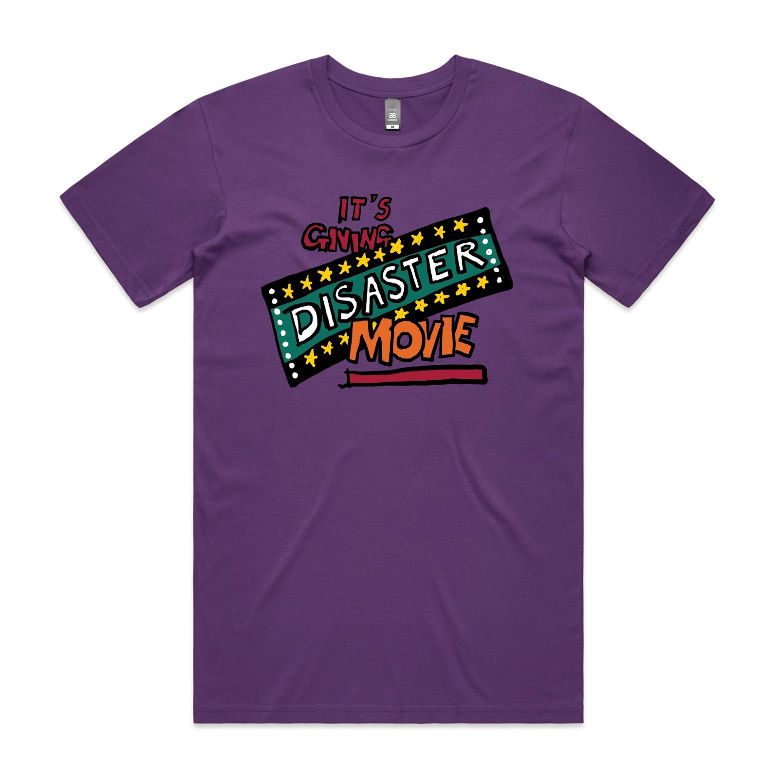 Purple unisex t-shirt with Disaster Movie graphic by Lonely Kids Club